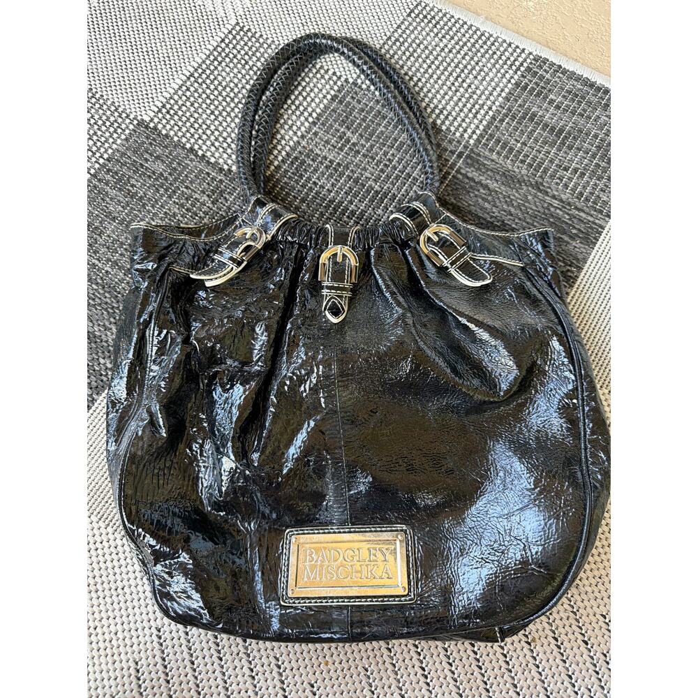 Badgley Mischka Black Patent Leather Handbag Braided Handle Y2K Goth 00s Tote